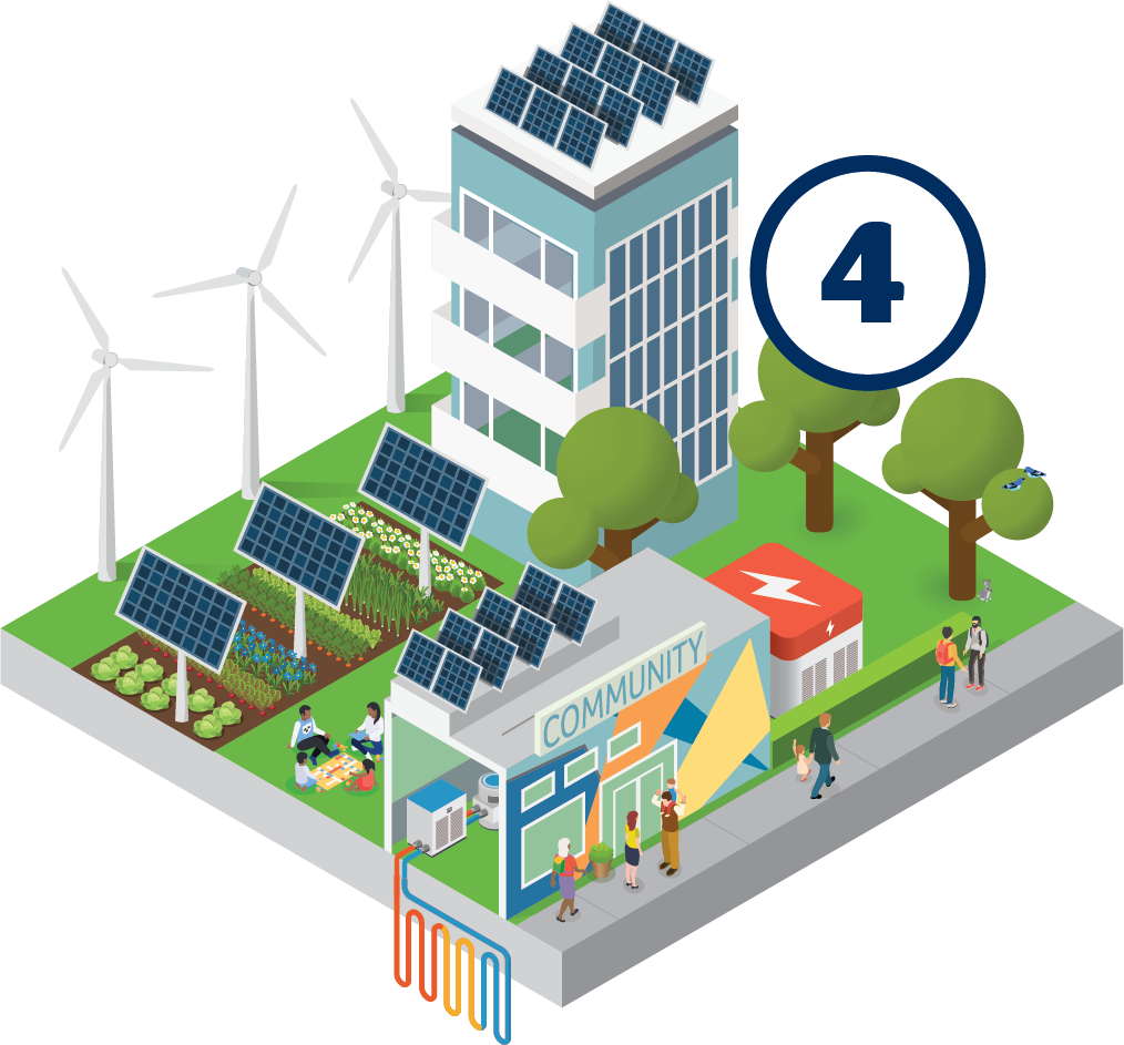 Cartoon image of using solar, wind, and geothermal energy.