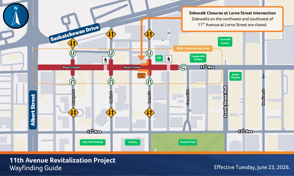 A map showing the construction area for the 11th Avenue Revitalization Project.