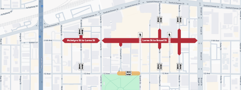 An overview map of the 11th Avenue Construction Area showing current road closures.