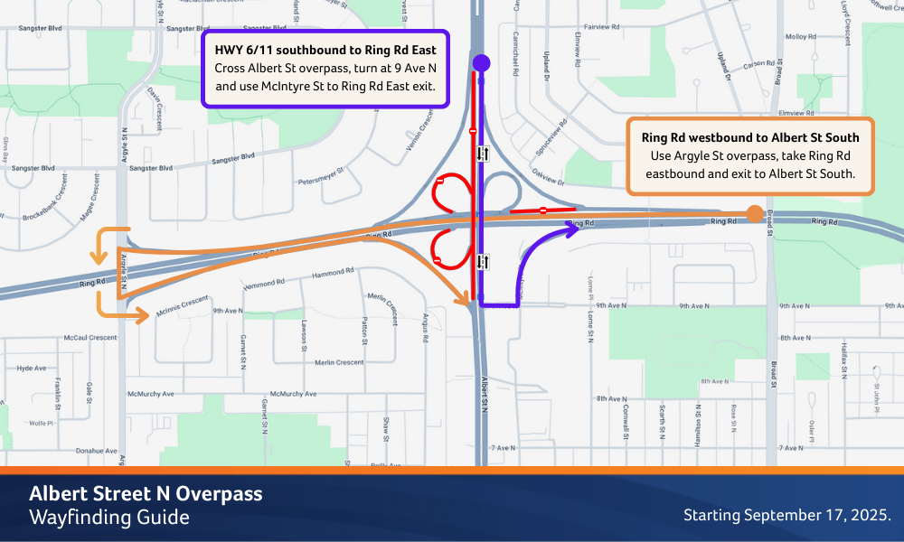 Albert Street North Overpass Wayfinding Guide. This map shows the expected closures starting on September 17. The map also includes recommended detours for navigating around the closures.