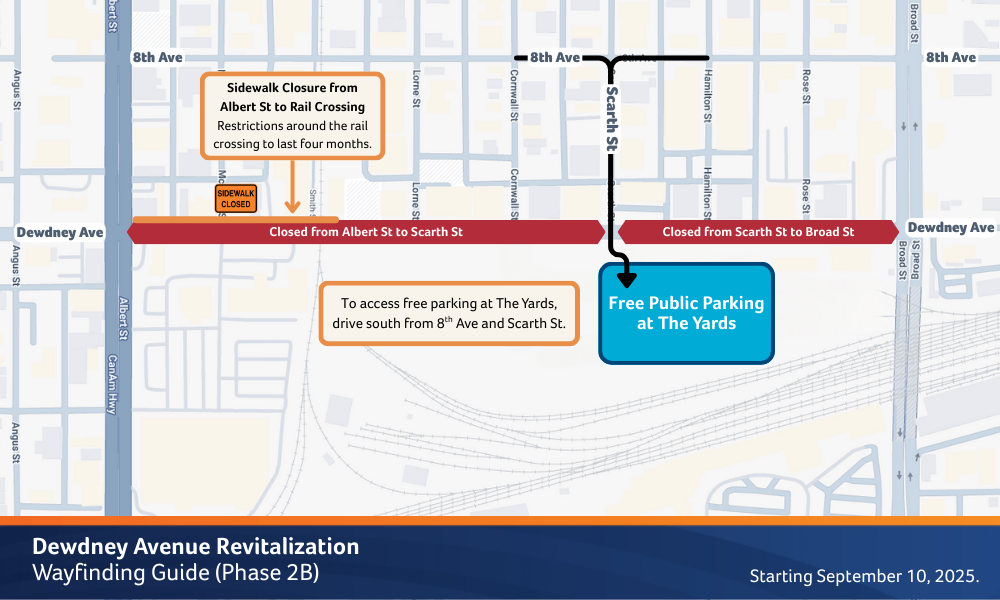 Map illustrating the Dewdney Ave construction area. The map details how to access free public parking at "The Yards" by using Scarth Street starting from 8th Avenue. This map is effective starting September 10.