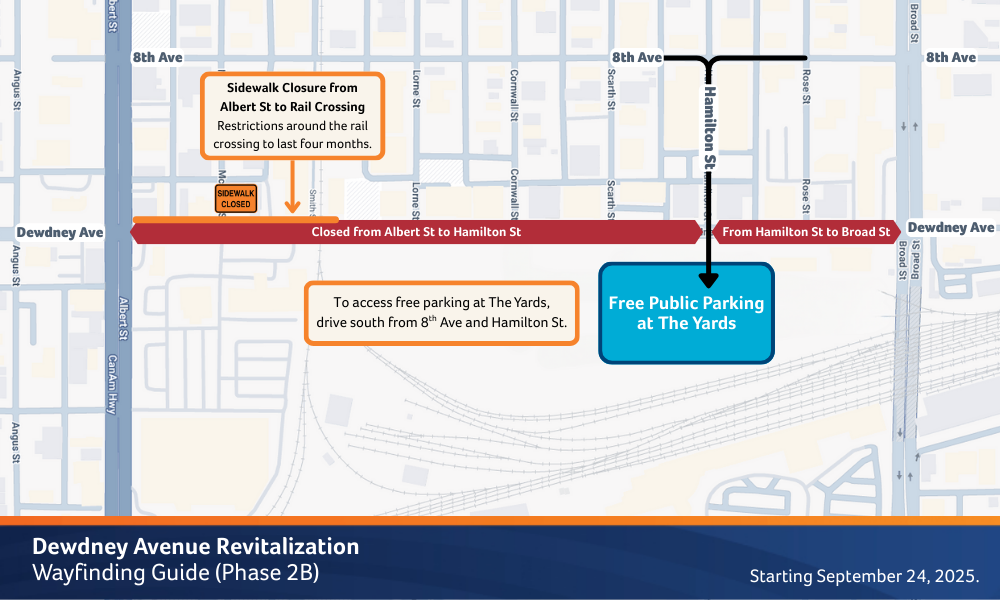 Map illustrating the Dewdney Ave construction area. The map details how to access free public parking at The Yards by using Hamilton Street starting from 8th Avenue. This map is effective starting September 24.