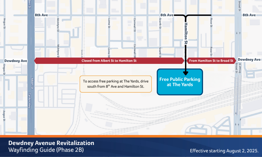 Map illustrating the Dewdney Ave construction area. The map details how to access free public parking at "The Yards" by using Hamilton Street starting from 8th Avenue. This map is effective starting August 2.