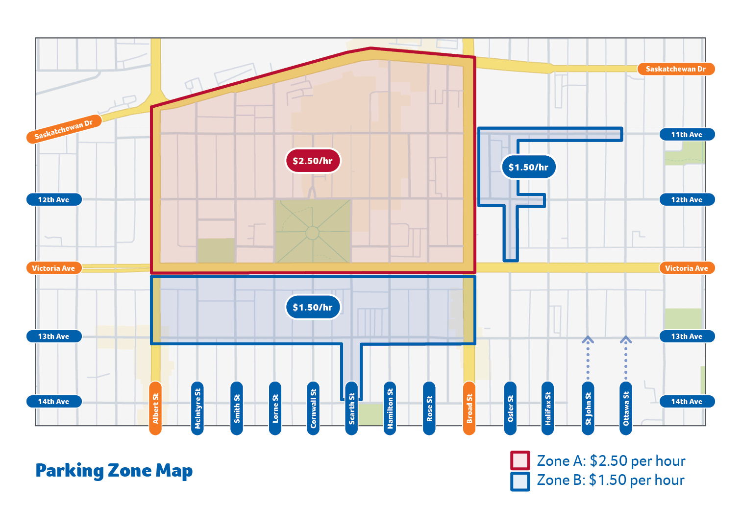 A map of downtown Regina showing Zone A and Zone B areas.